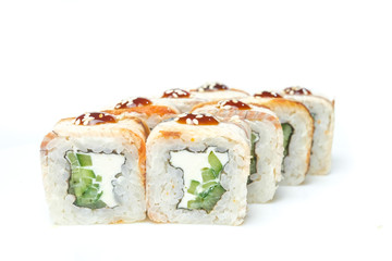 sushi and rolls on a white background food