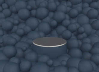 3d render illustration. Background with geometric composition include: 
pedestal surrounded by large balls
Modern trendy design. Dark blue and silver colors.