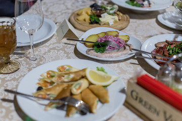 food at a wedding party in a restaurant with decor