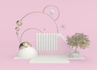  3d render illustration. Background with geometric composition include: 
pedestal, podium, sphere, ring, bonsai tree in a pot. Modern trendy design. Pink, gold and white colors.