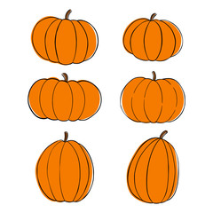 Cartoon flat vector pumpkin set illustration. Simple pumpkins without a face. Vegetable objects isolated on white background. Design for Halloween card, poster, banner, web, flyers. 