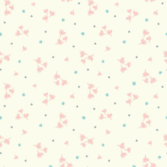 Floral pattern background. Vector small flower design with heart shapes. Pretty seamless repeat in pink, grey and cream.