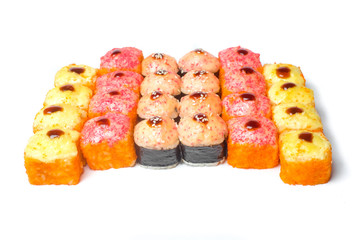 set of sushi and rolls on a white background