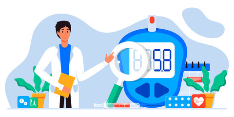World diabetic awareness day. Glucometer, blood glucose meter, pills, syringe, insulin vial. Diabetes concept. Blood sugar test with doctor, lab assistants. For web landing page template, banner