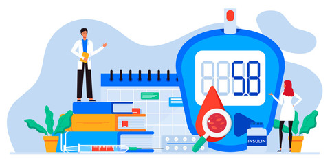 World diabetic awareness day. Glucometer, blood glucose meter, pills, syringe, insulin vial. Diabetes concept. Blood sugar test with doctor, lab assistants. For web landing page template, banner