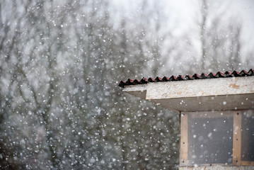 Snow falls on the roof of the house-the concept of bad weather in the spring