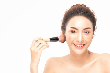 Beauty asian woman  brown hair looking smile in camera happiness and hold make up brush  and cheerful with make up brush,Beauty Concept on white background.