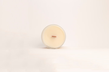A close up of hand made soy candle.