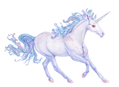 Beautiful unicorn in blue, grey and pink colors isolated on the white background. Watercolor illustration
