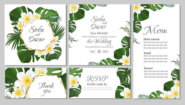Floral tropical design for your holiday. White frangipani flowers, tropical leaves, palm trees, monstera, golden frame. Template for a wedding invitation. Invitation card, thanks, rsvp, menu.