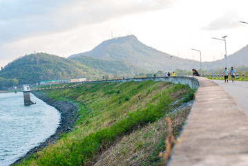 Fototapeta premium View of the reservoir with a mountainous background
