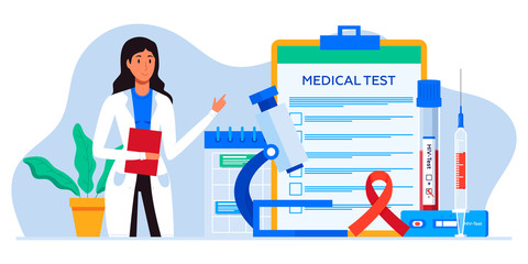 World AIDS Day1 December, red ribbon. Doctor talking about Aids and HIV awareness. Test for HIV, tube and syringe with blood. Blood clinical laboratory analysis. Banner, flyer, landing page template