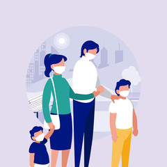 Family with masks at park in front of city vector design