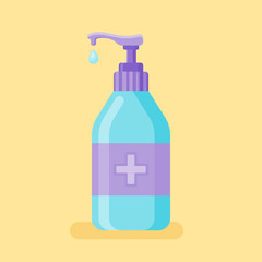 Hand sanitizer bottle on yellow background. Disinfection gel flat style icon. Vector illustration.