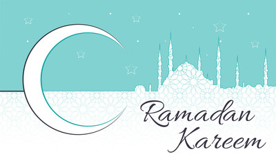 Ramadan Kareem Message with blue mosque silhouette in a crescent