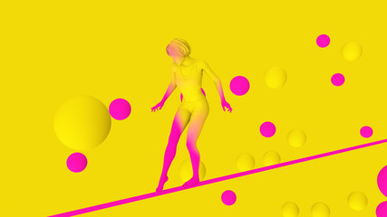 Obraz na płótnie Canvas 3d conceptual illustration: girl carefully walks the rope over the abyss. Bright colors. Modern trendy design. 