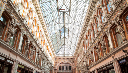 Facade of Passage, a historical building with baroque statues, sculptures and ornaments in the old town of Odessa, Ukraine June 2019 Central Europe