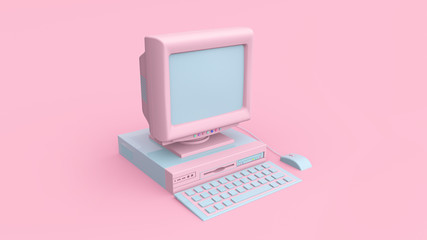 3d render illustration of old computer:monitor, system unit, keyboard, mouse. Retro 80's style. Cute and pastel colors.  Modern trendy design.
