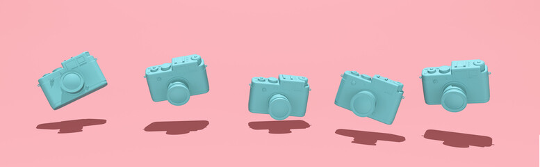 3d render illustration of photo camera. Retro 80's style. Cute and pastel colors. 