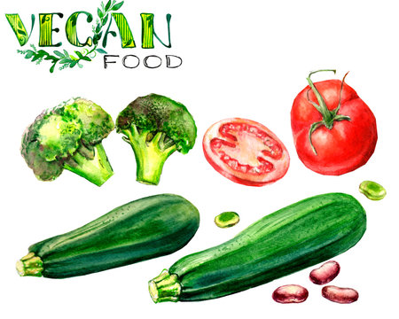 Watercolor hand drawn sets of isolated vegetables as zucchini, beans, broccoli, tomatoes and paprika  with lettering Vegan food. Healthy eating concept. Realistic style. Menu, banner template.
