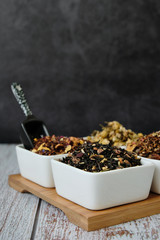 Detail of tea, herbal and rooibos dry leaves. Detox and healthy infusion with copy space