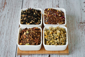Detail of tea, herbal and rooibos dry leaves. Detox and healthy infusion