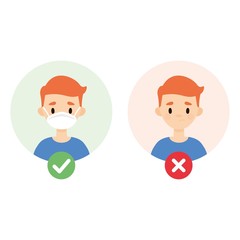 Cute boy wearing a face mask. Set of two images showing how to prevent spreading viruses and bacteria.