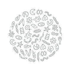 Microbes, virus, bacterias and pathogen outline icons set. Abstract vector illustration of germs in the linear style on white background