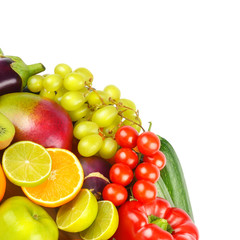 Assortment of fruits and vegetables isolated on white background. Free space for text.
