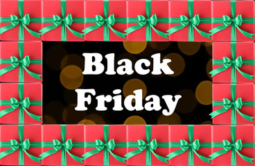 Black Friday. Words and many gift boxes on background