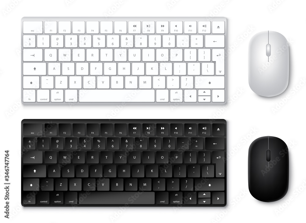 Wall mural keyboard and mouse vector set. 3d realistic keyboards and mouse in black and white colors with top v
