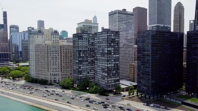 Chicago Architecture skyline drone shot from the perspective of Lake Michigan.
