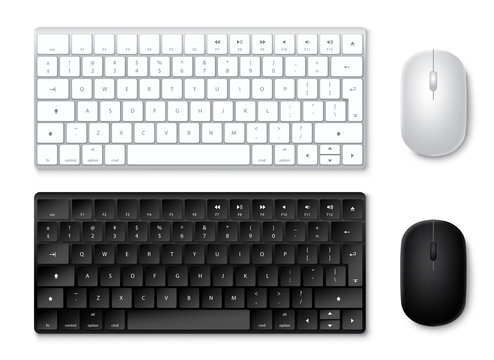 Keyboard and mouse vector set. 3D realistic keyboards and mouse in black and white colors with top view isolated in white. Vector illustration.
