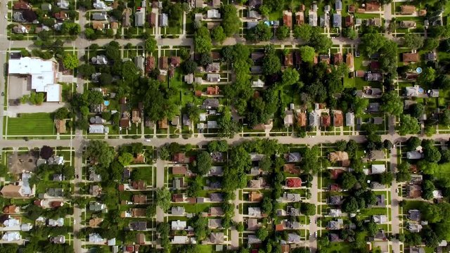 Aerial Top Down Shot Of Midwest Suburb In The USA.