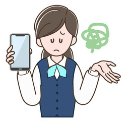 スマホを持ってがっかりする制服の女性