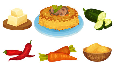 Baked Vegetable Pie with Mushrooms and Ingredients Around Vector Set