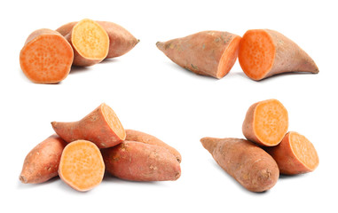 Set of cut ripe sweet potatoes on white background