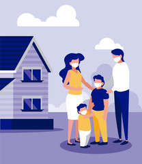Family with masks outside house vector design