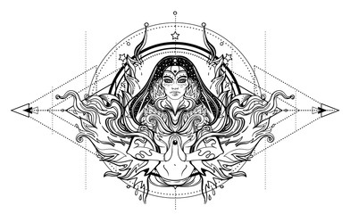 Asian magic woman with sacred geometry and fire. Vector Illustration. Mysterious thai girl over mystic symbols and flames. Alchemy, religion, spirituality, occultism, tattoo art, Asian culture.