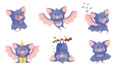 Funny Purple Bat Character in Different Poses Vector Set