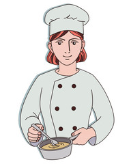 Smiling Chef, JPEG illustration drawings on a white background. Hand drawn cook in chef uniform and cap at work.