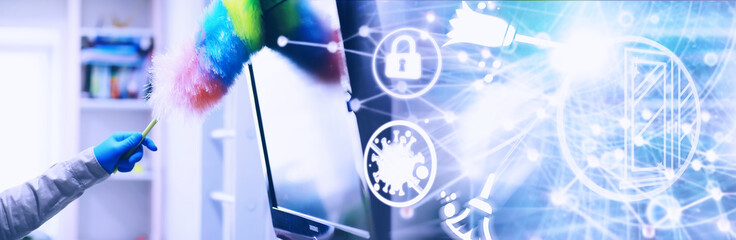 House cleaning concept. Wipe dust off surfaces. Disinfectant treatment of door handles TV...