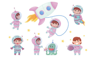 Little Astronaut Wearing Spacesuit Exploring the Moon Vector Illustration