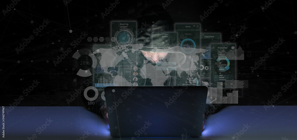 Poster hacker man holding user interface screens with icon, stats and data 3d rendering