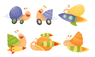 Fast Snails Vector Set. Funny Cartoon Mollusk Characters with Turbo Rocket Boosters