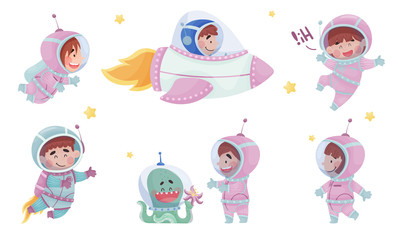 Little Astronaut Wearing Spacesuit Exploring the Moon Vector Illustration