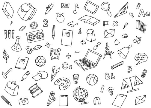 Monochrome school children background. Vector image of the many icons on the topic of education. Science and education areas paper stickers set illustration.