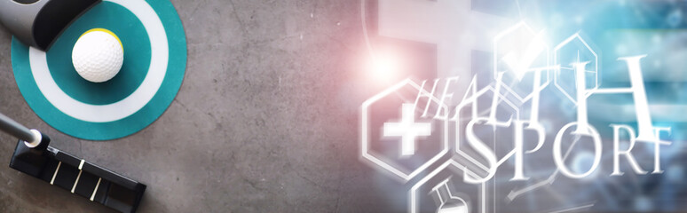 Obraz premium Sport i zdrowy tryb życia. Mini golf. Biała piłka golfowa i zestaw do minigolfa na stole. Tło sportowe z koncepcją golfa.