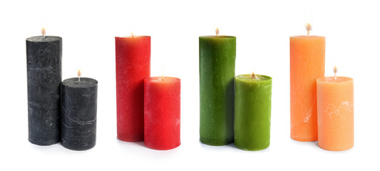 Set of burning color candles on white background. Banner design