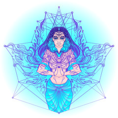 Obraz na płótnie Canvas Asian magic woman with sacred geometry and fire. Vector Illustration. Mysterious thai girl over mystic symbols and flames. Alchemy, religion, spirituality, occultism, tattoo art, Asian culture.